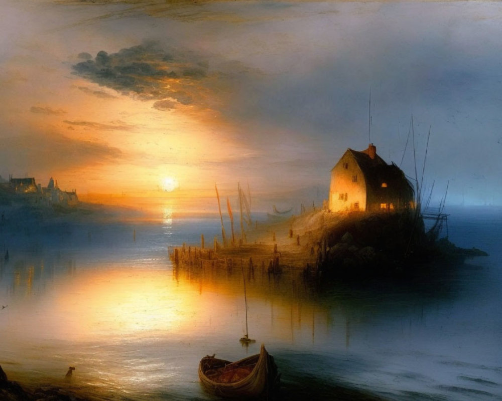 Sunset Coastal Town Landscape with Boats and House