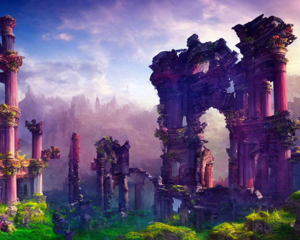 Fantastical landscape with ancient ruins and vibrant purple foliage