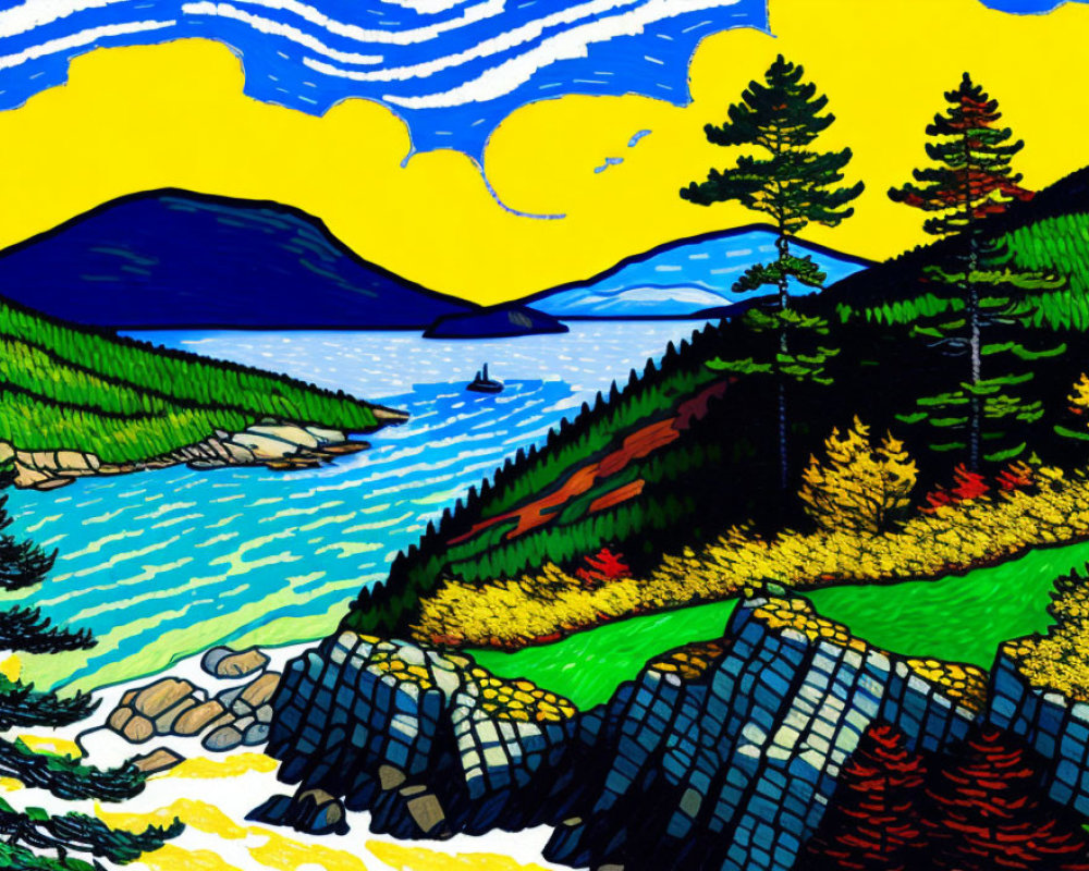 Stylized coastal landscape with trees, sailboat, mountains, and colorful foliage