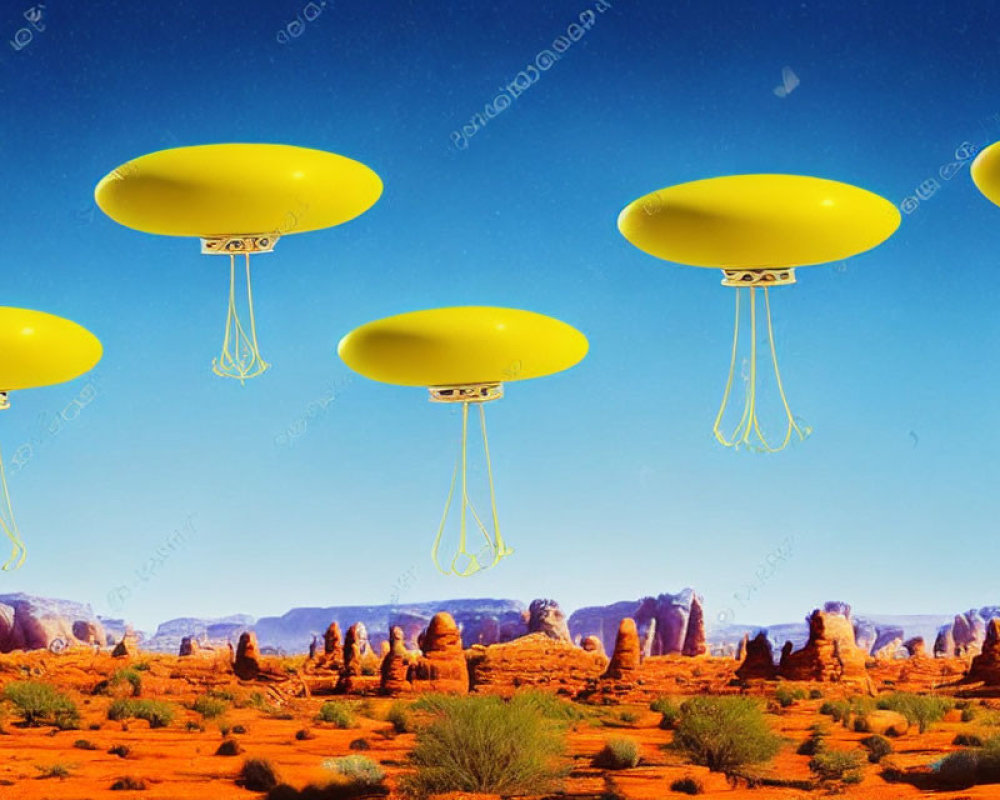 Vibrant surreal desert landscape with flying jellyfish-like objects