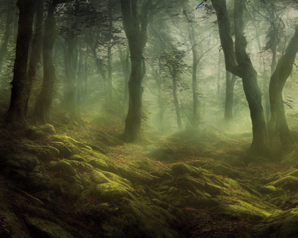 Ethereal forest scene with sunlight, mist, green moss, and gnarled tree trunks