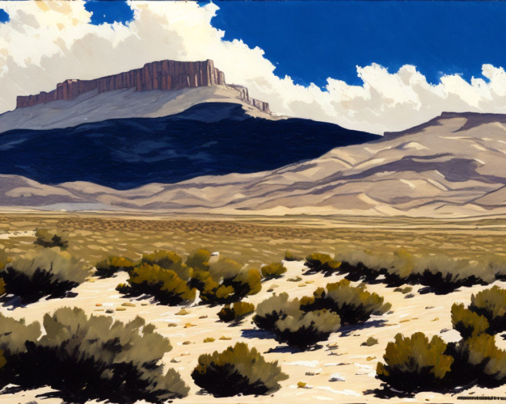 Desert Landscape Painting with Mesa and Shrubs