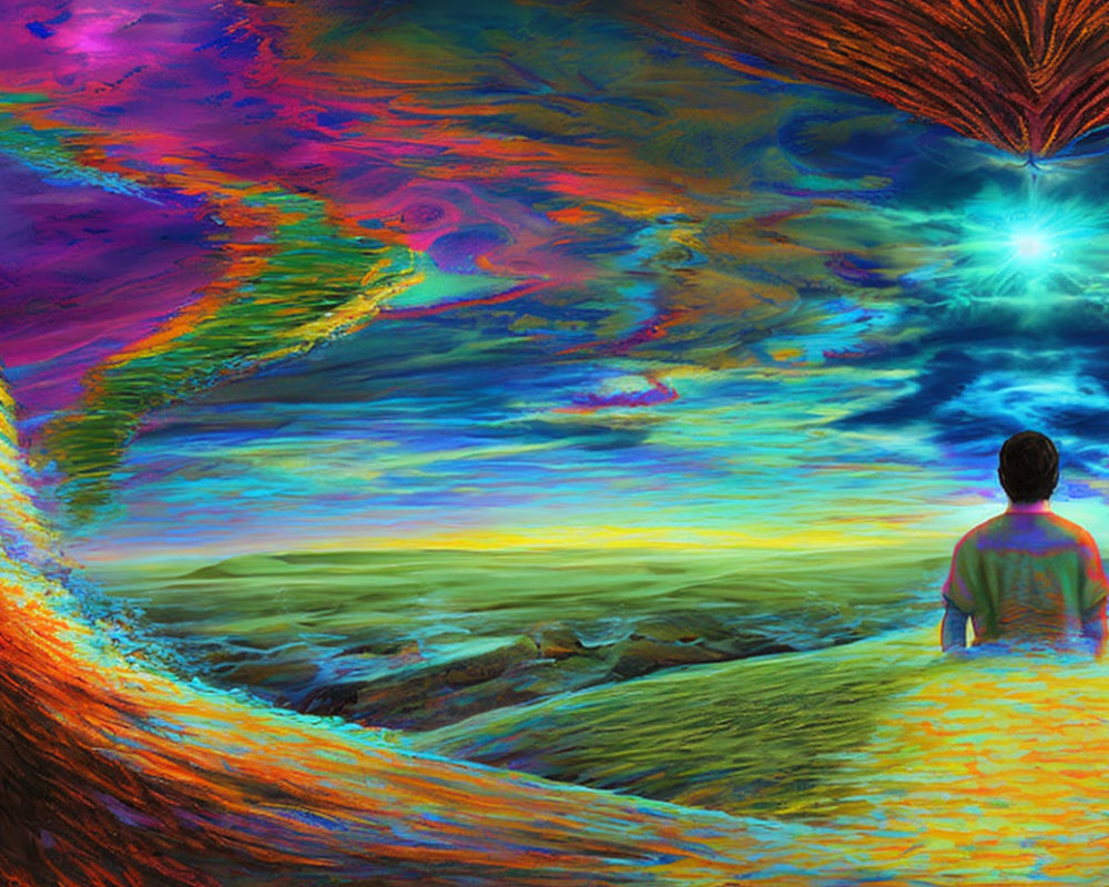 Vibrant surreal landscape with swirling colors and reflective terrain