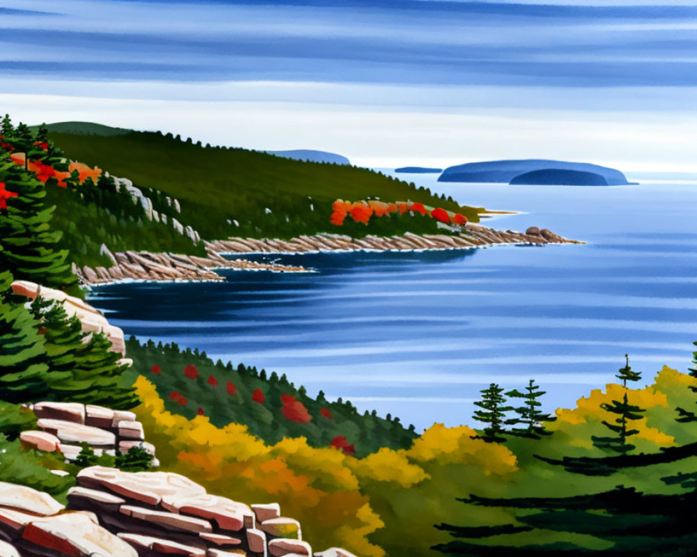 Vibrant autumn coastal landscape with lush greenery and blue sea