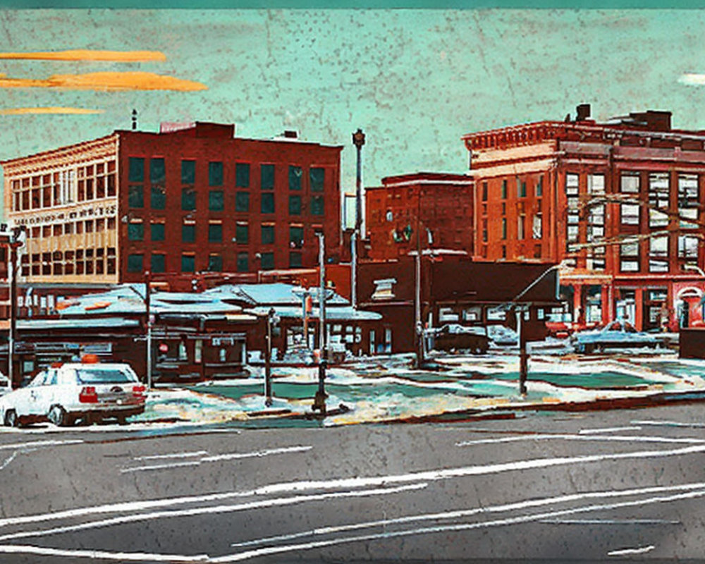 Illustration of Vintage City Street with Classic Buildings and Cars