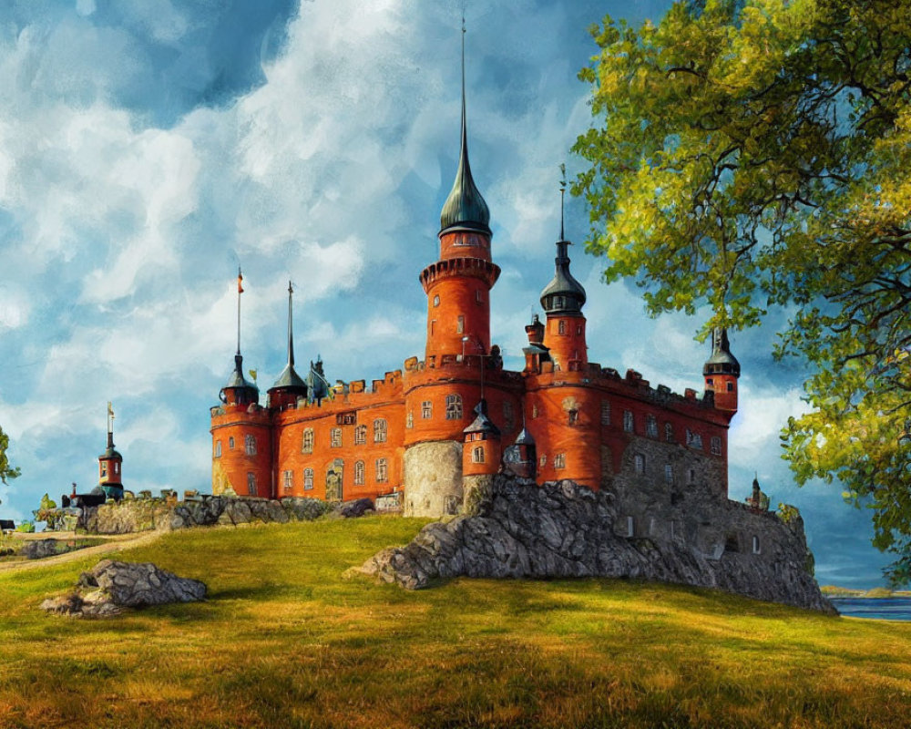 Majestic fantasy castle on rocky outcrop under dramatic sky