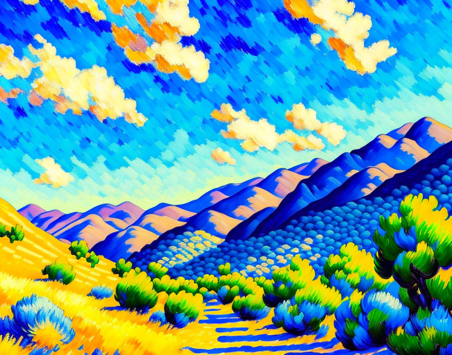 Colorful painting of rolling hills under blue sky with fluffy clouds and winding path.