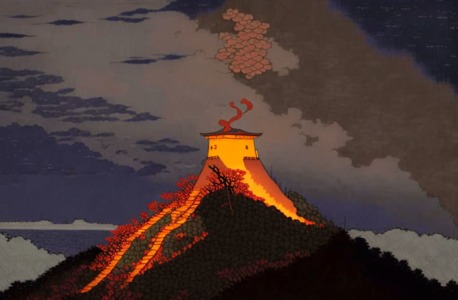 Illustration of Nighttime Volcano Eruption with Glowing Lava and Stars