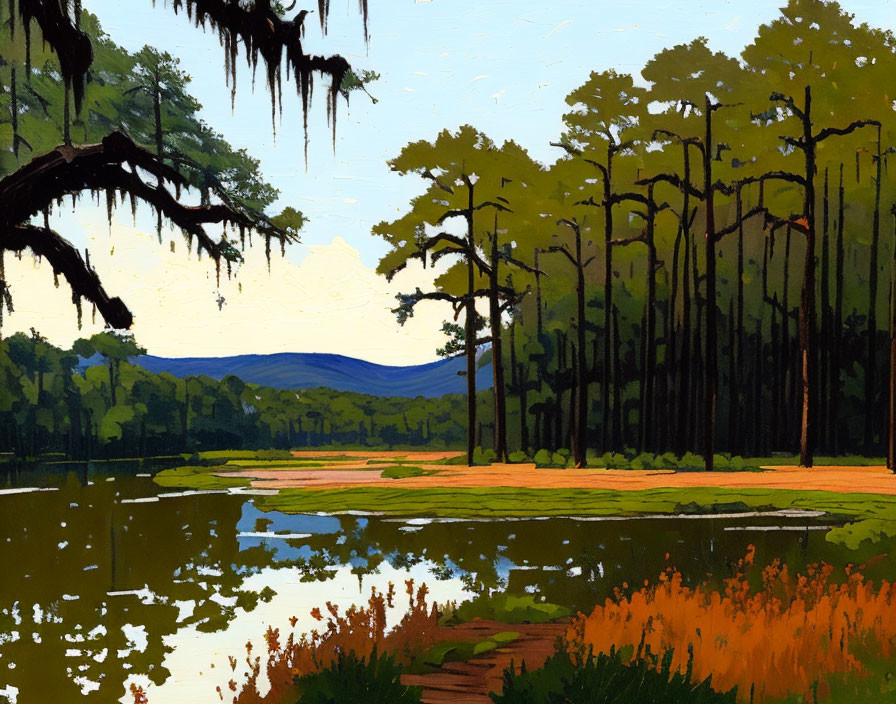 Tranquil forested lake painting with tall pine trees and moss-draped tree