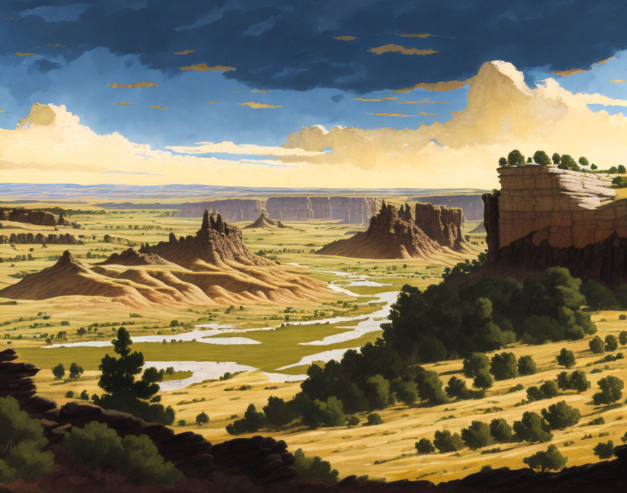 Illustration of winding river in arid landscape with mesas and greenery