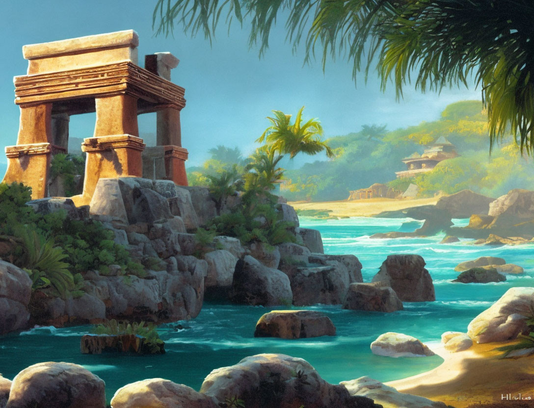 Idyllic painting of ancient ruins on rocky cliff by serene blue river