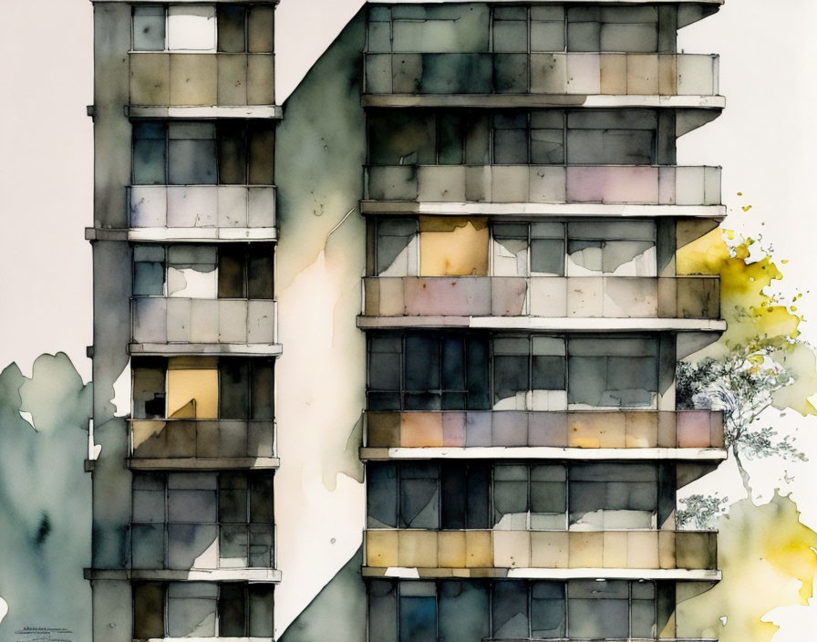 Modern multi-story building with balconies in watercolor art