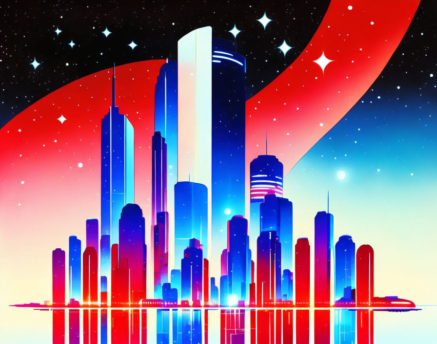 Retro-futuristic cityscape with skyscrapers, red crescent moon, stars, and