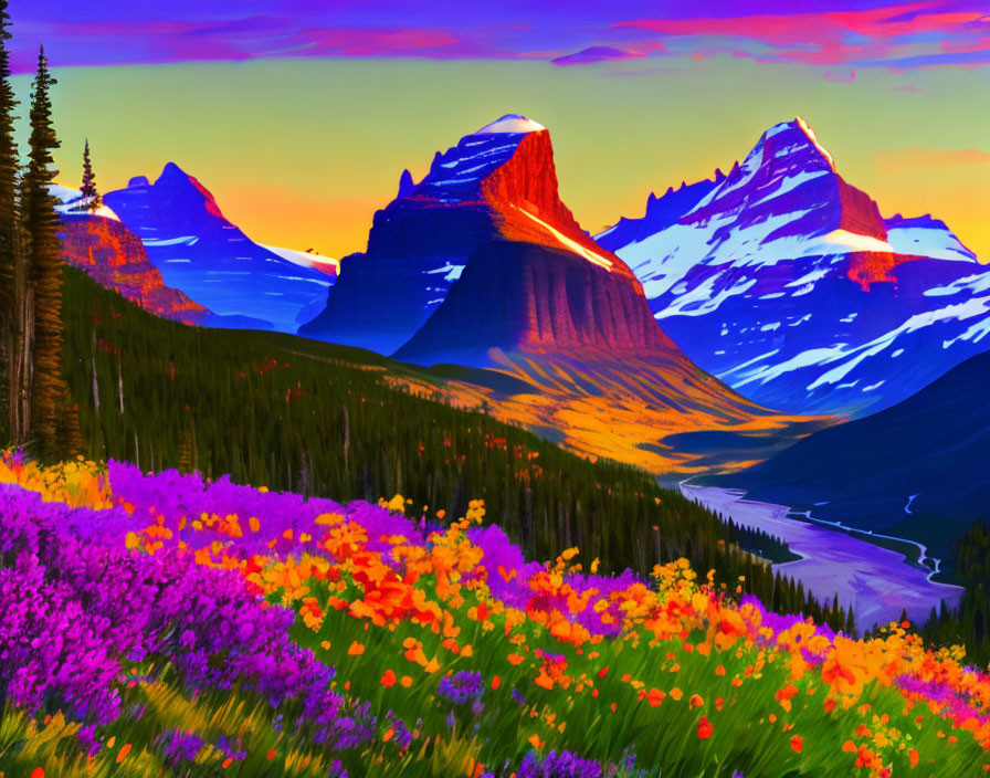 Scenic mountain landscape at sunset with river and wildflower meadow