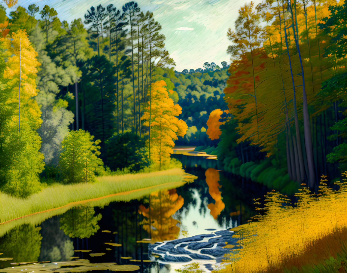 Tranquil river in vibrant autumnal forest with reflections