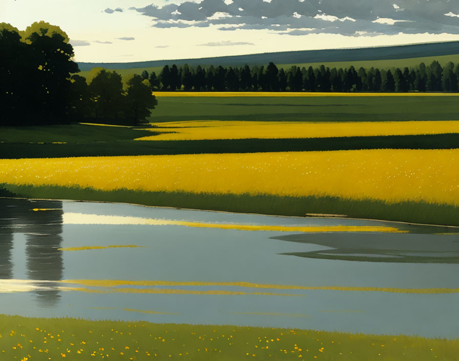 Tranquil landscape with vibrant yellow fields and gentle water.