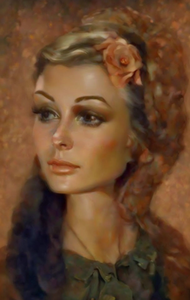 Portrait of woman with flower in hair, soft gaze, elegant attire, warm earthy tones