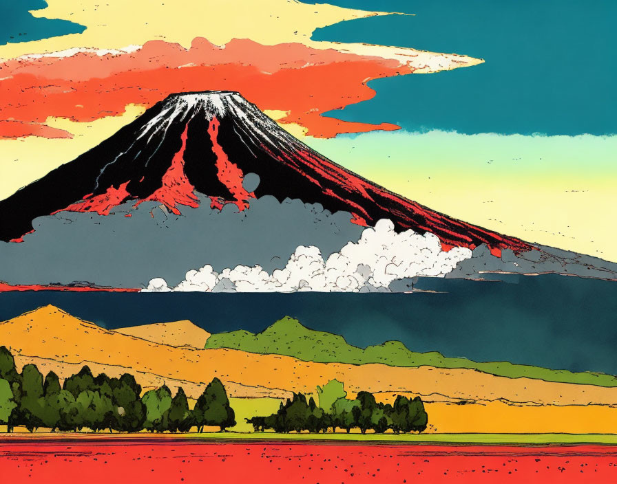 Vibrant Mount Fuji artwork with red and yellow sky and bold outlines