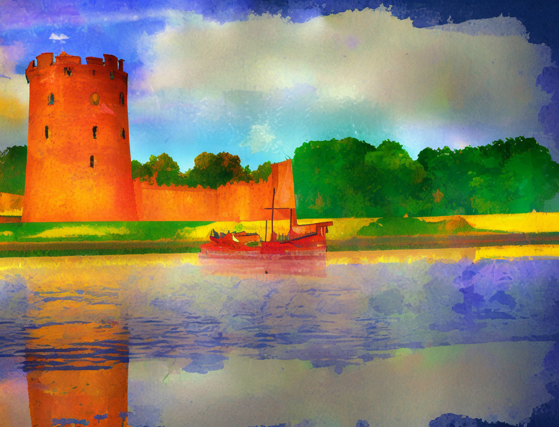 Historic tower by calm lake in watercolor art