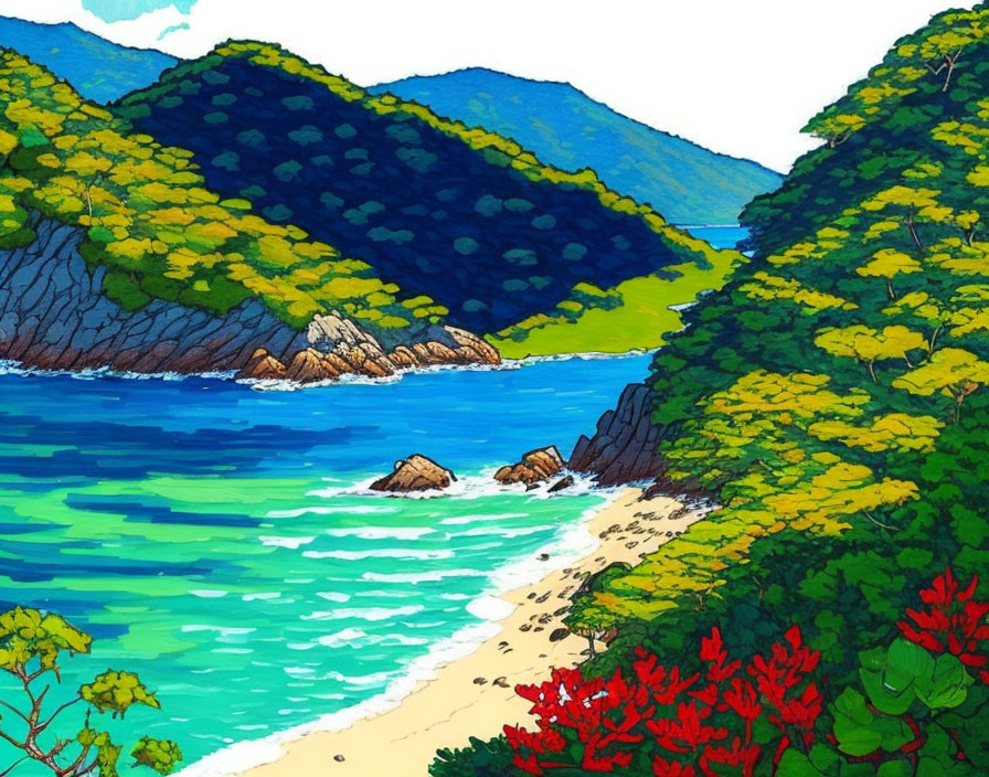 Secluded Beach Illustration: Turquoise Waters, Greenery, Rocky Cliffs