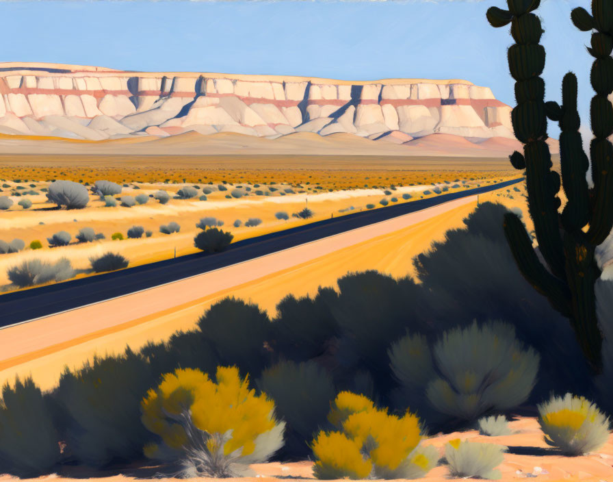 Desert road painting with cactus and cliffs under clear sky