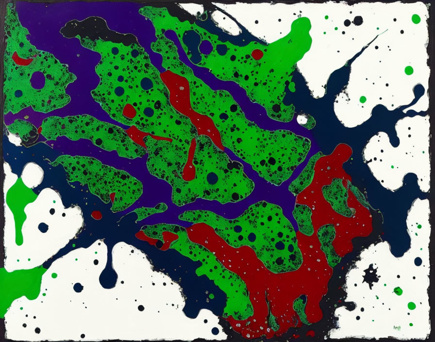 Vivid Green and Red Splattered Painting on Blue Background