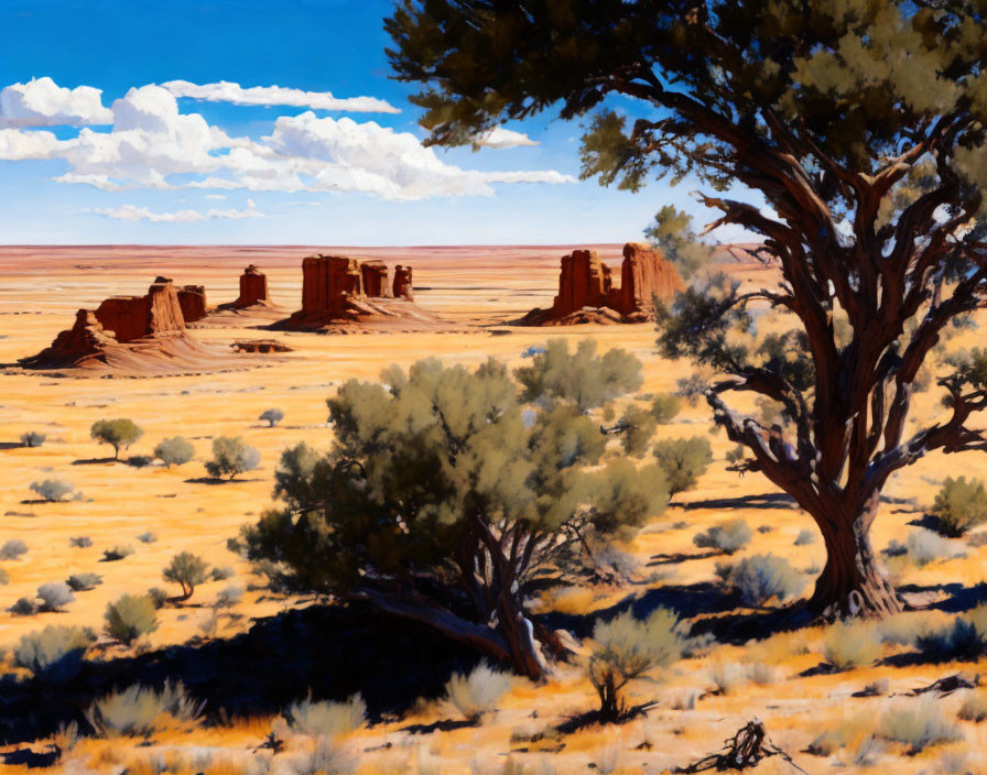 Colorful desert landscape with red rock formations, green trees, and blue sky