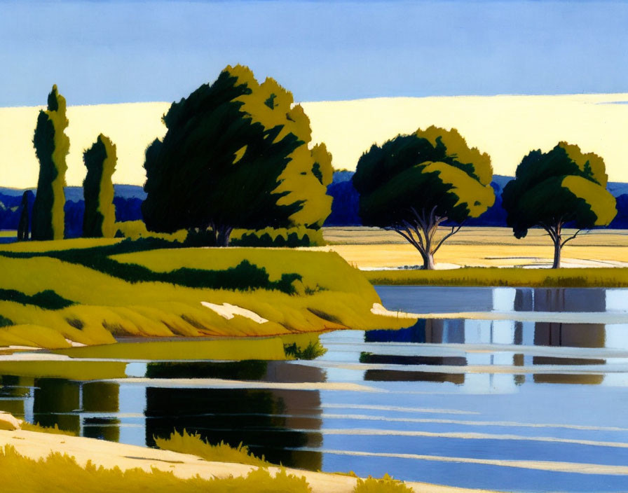 Colorful landscape painting with trees, river, reflections, and two-tone sky