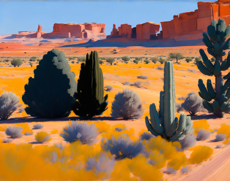 Scenic desert landscape with red rock formations and cacti