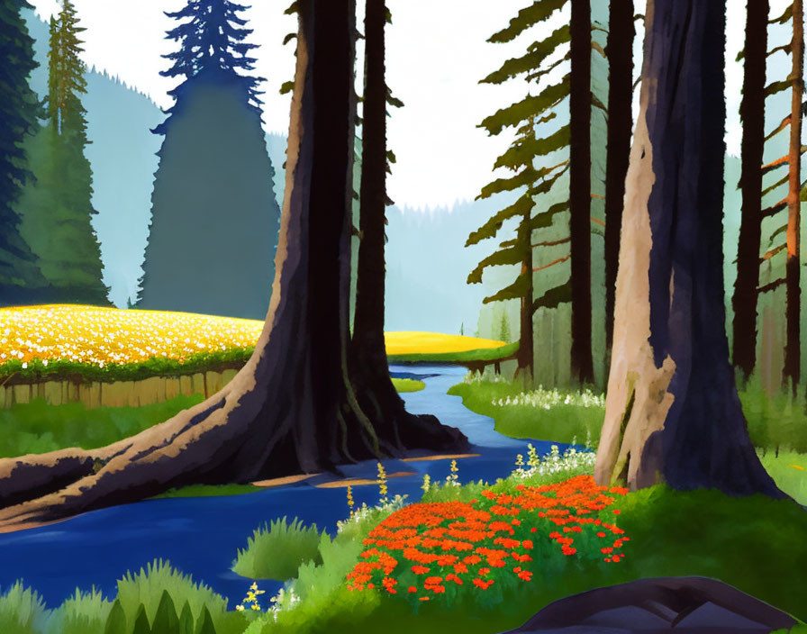 Colorful forest scene with tall trees, stream, meadow, and flowers