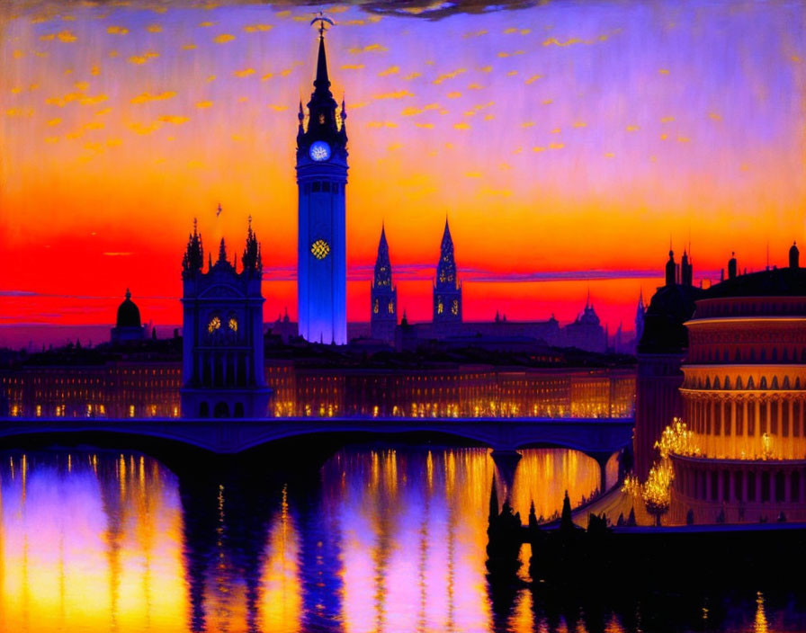 Colorful cityscape painting with clock tower and bridge at dusk