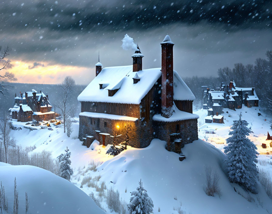 Snowy Dusk Scene: Stone House with Lit Windows and Chimneys