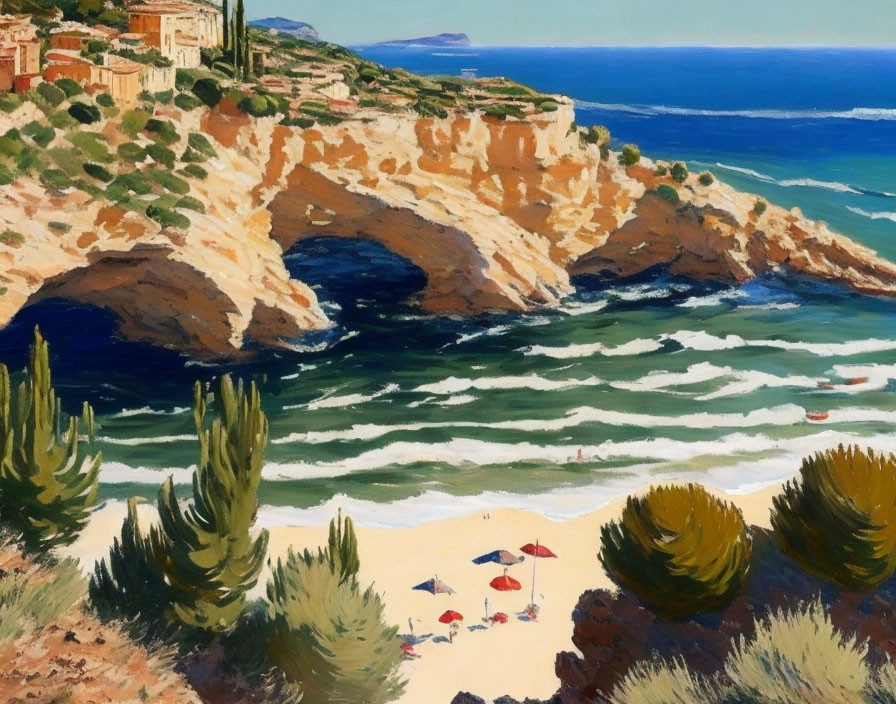 Coastal Landscape Painting with Sandy Beach, Umbrellas, Cliffs, Vegetation, and Blue