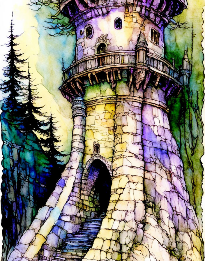 Vibrant illustration of stone tower with spiral staircase and balcony