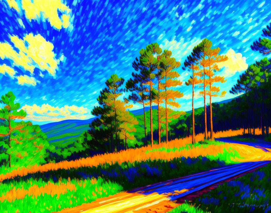 Impressionist-style painting of tall pine trees on winding path