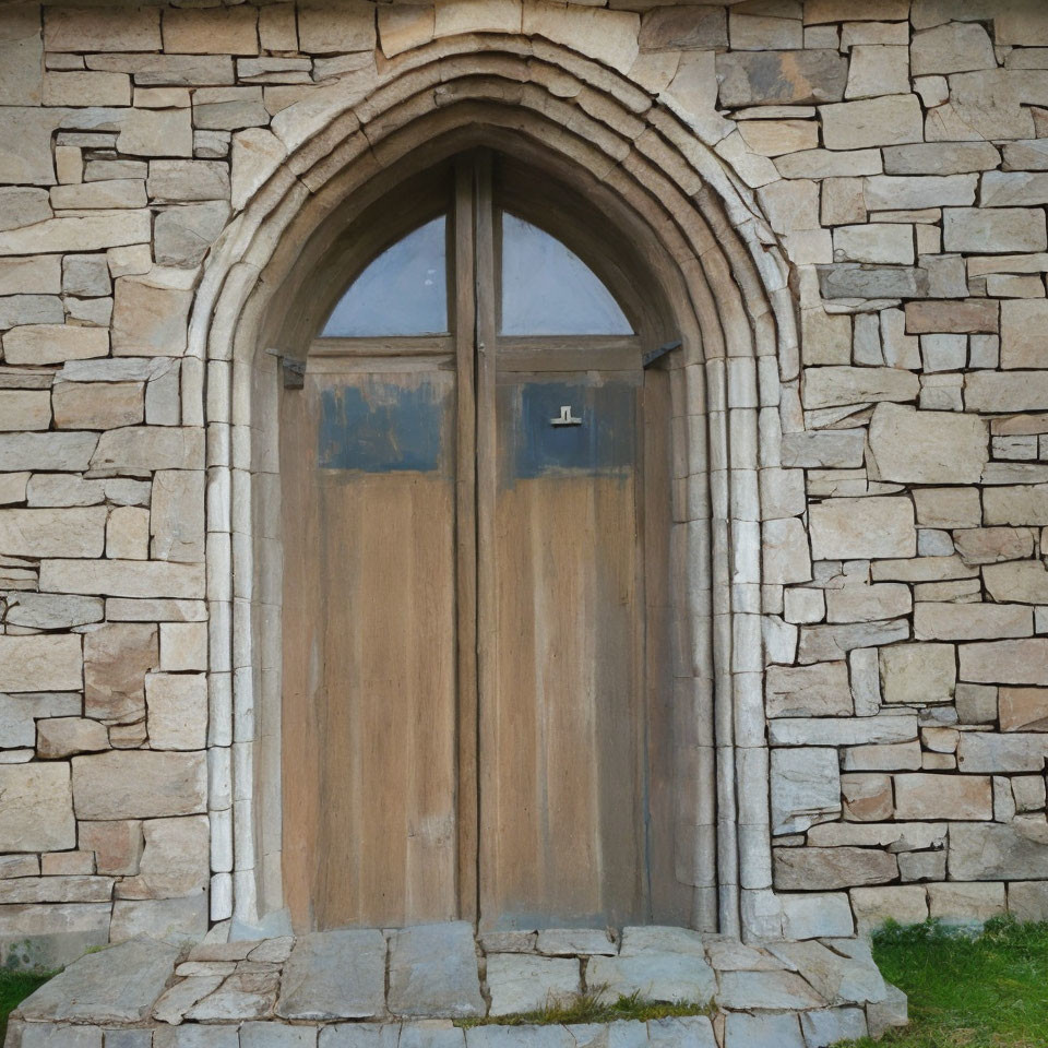 Weathered wooden arched door in stone wall with aged bricks