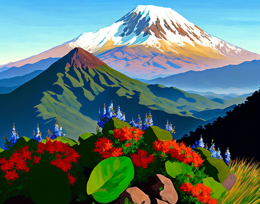 Vibrant landscape with snow-capped mountain, hill, and colorful flowers