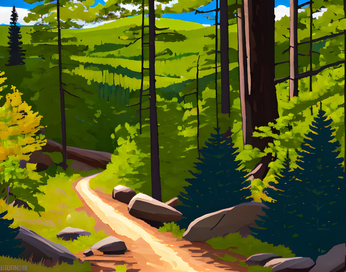 Sunlit forest path digital painting: vibrant, winding trail through tall trees.