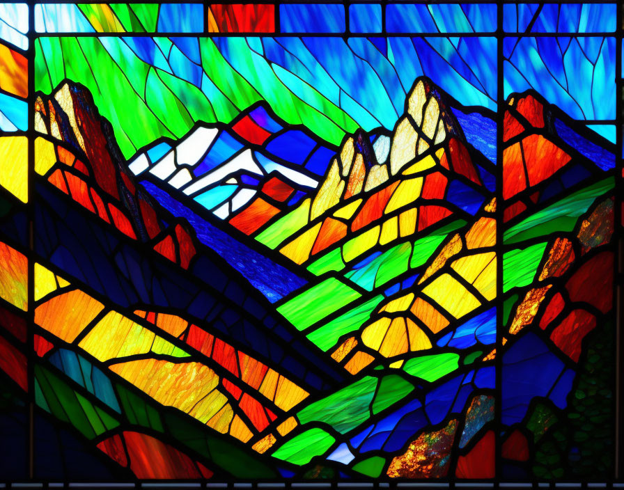 Colorful Abstract Landscape Stained Glass Window