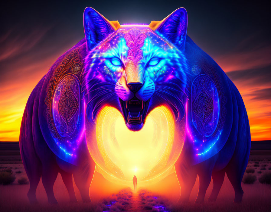 Luminous multi-colored wolf in sunset scene with silhouetted person
