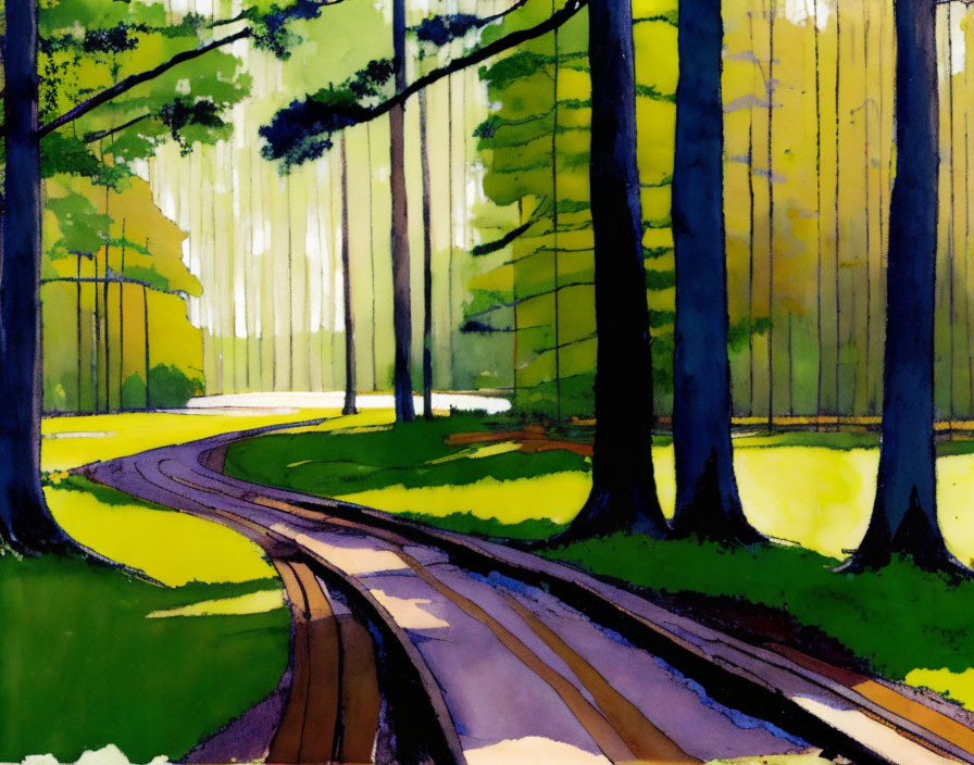 Colorful Forest Illustration with Tall Trees and Winding Path