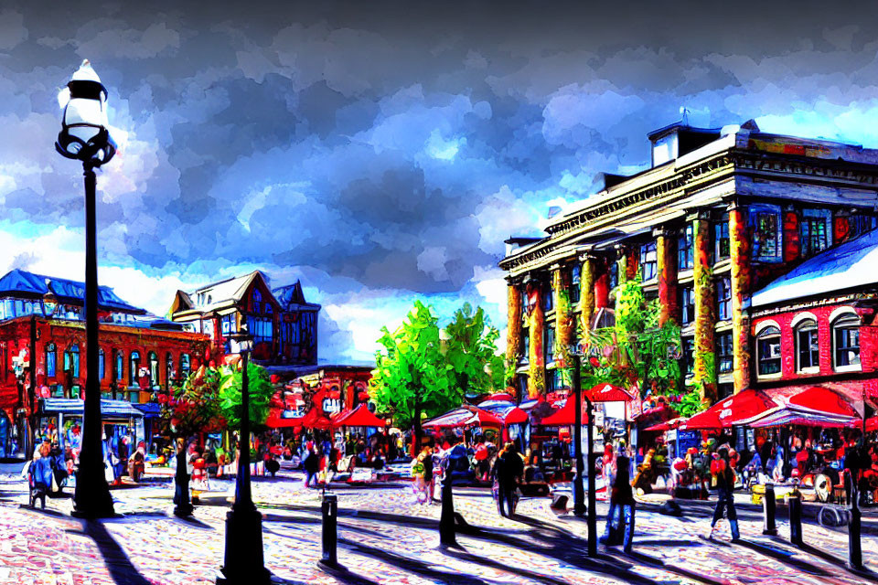 Colorful city street scene with buildings, people, and market umbrellas under blue sky