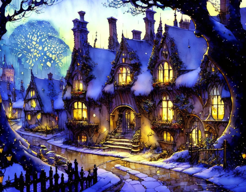 Snow-covered Gothic manor illustration at twilight with warm lights and tree silhouette