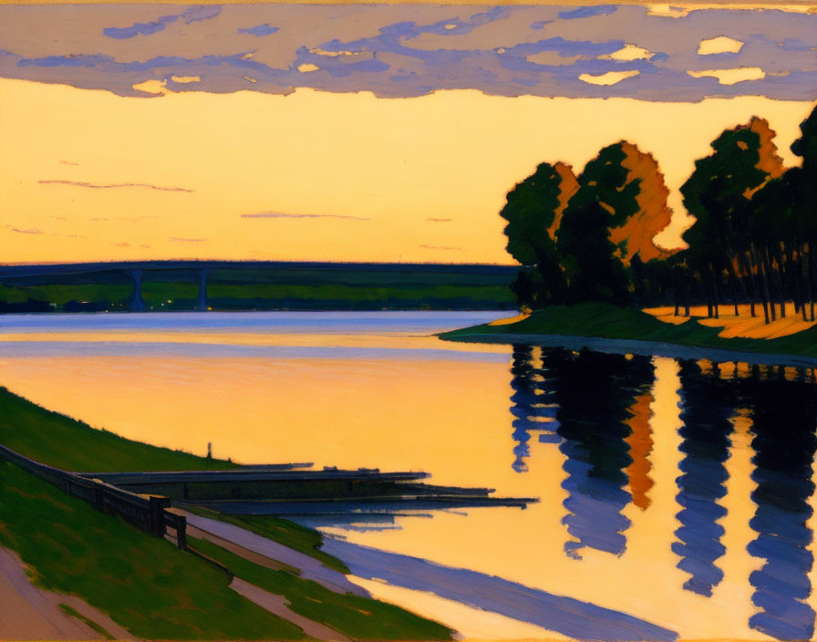 Serene river painting at dusk with reflections of trees, pier, and tranquil sky