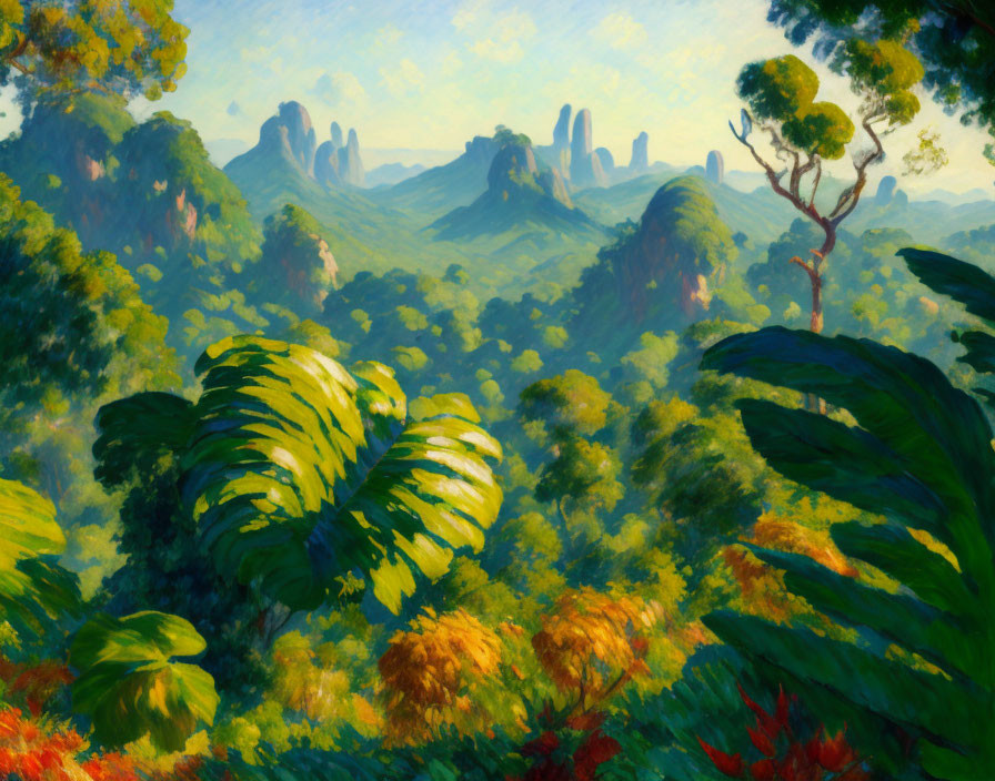 Impressionistic painting of lush greenery and rock formations under a blue sky