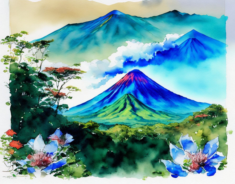 Vibrant watercolor landscape: blue and green mountains, lush greenery, vivid blue flowers