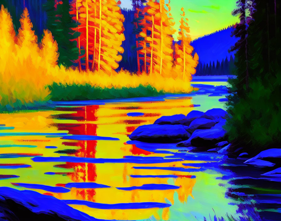 Colorful Forest Painting with River Reflections at Sunrise or Sunset