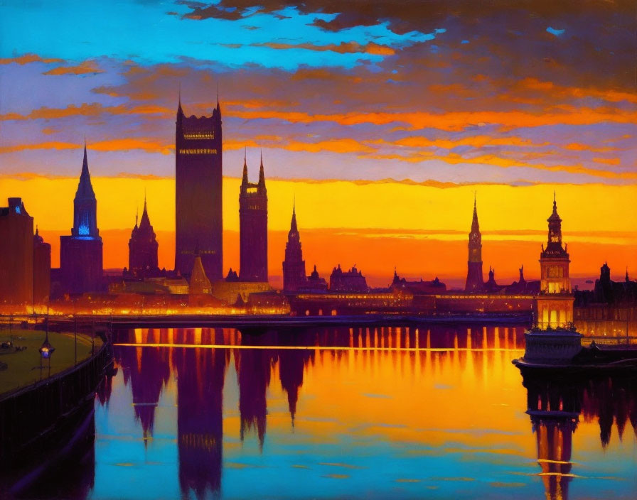 Cityscape Sunset Painting: Silhouette Buildings, Tranquil River, Orange & Purple Sky