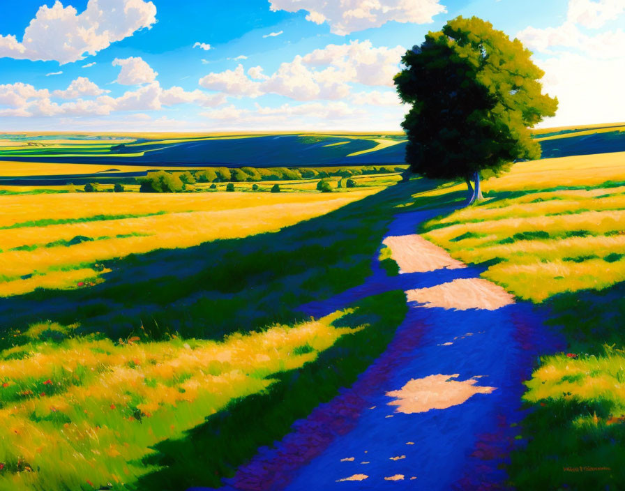 Colorful countryside painting with dirt path, lone tree, and rolling green hills under blue sky.