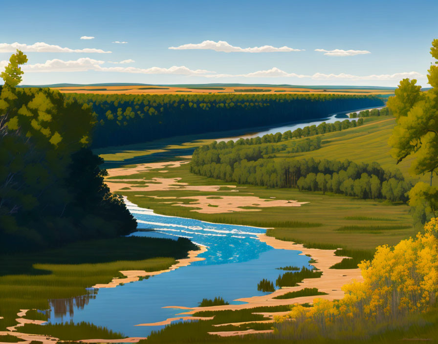 Tranquil river winding through vibrant landscape with yellow and green trees under clear blue sky